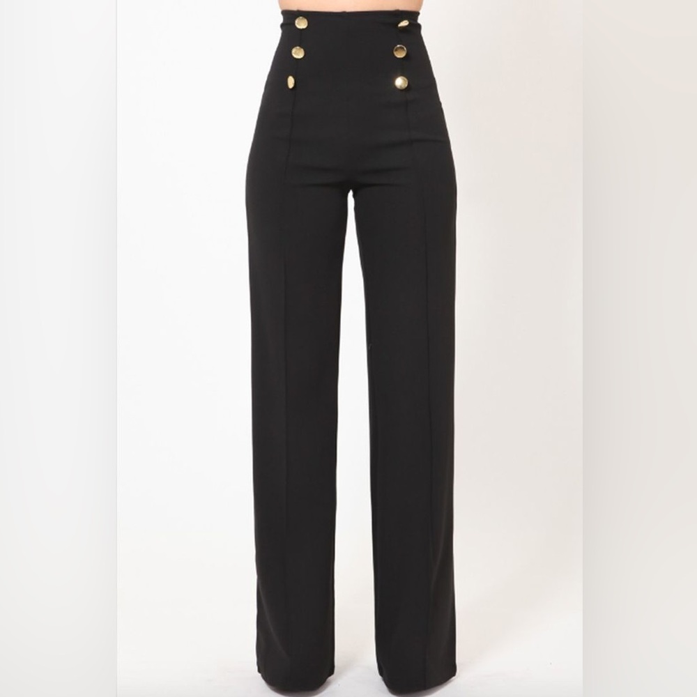 NEW XL High Waisted Black Pants Gold Buttons Front Accent Spandex Soft Fabric Zi